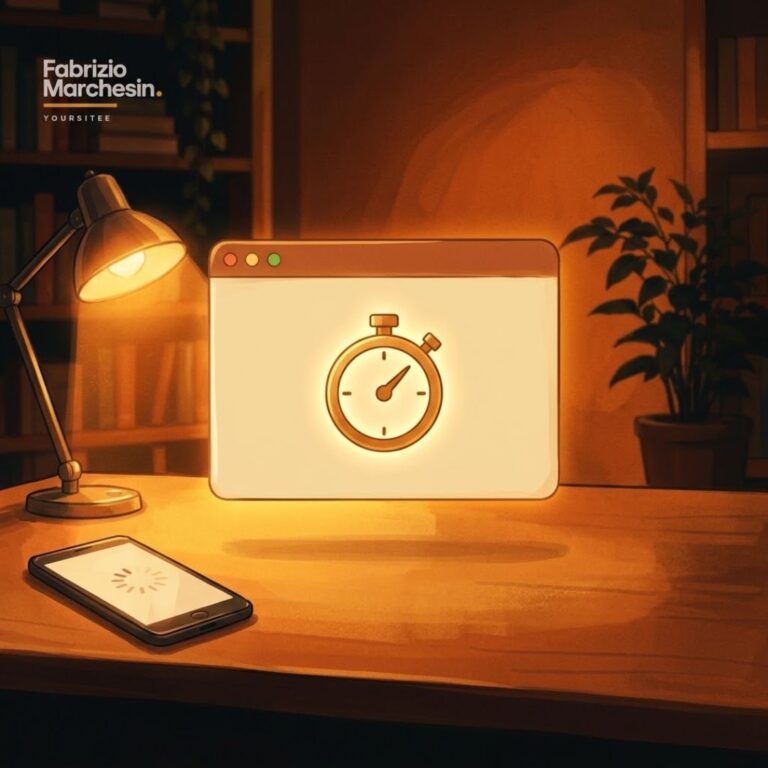 Illustrazione che rappresenta la velocità del sito web e tasso di conversione tramite un'icona di cronometro in una finestra browser stilizzata