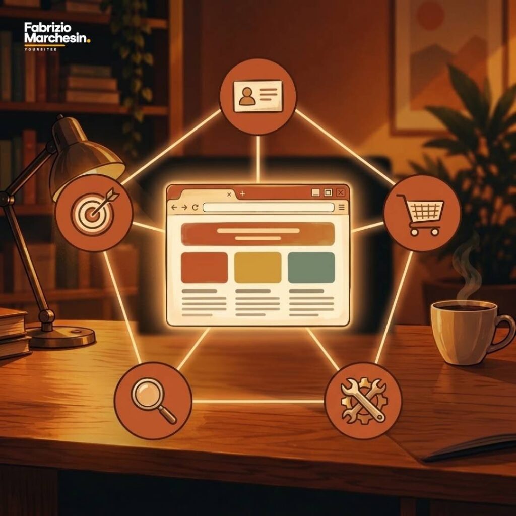Riquadro browser centrale con cinque icone dei servizi, illustrazione per servizi di web design per PMI e professionisti