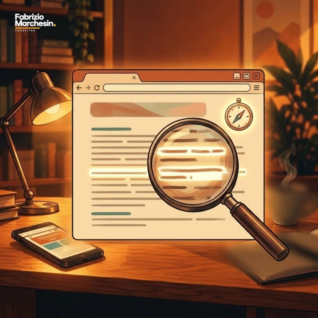 Riquadro browser con lente su testo evidenziato, illustrazione per il servizio di consulenza SEO e contenuti