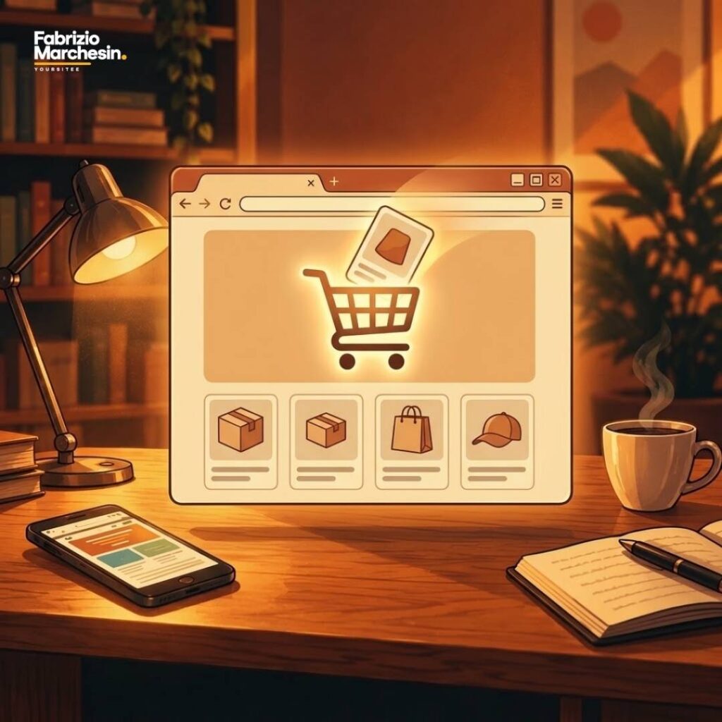 Illustrazione concettuale del servizio e-commerce, pagina Servizi Riquadro browser con carrello e prodotti online, illustrazione per il servizio di creazione sito e-commerce