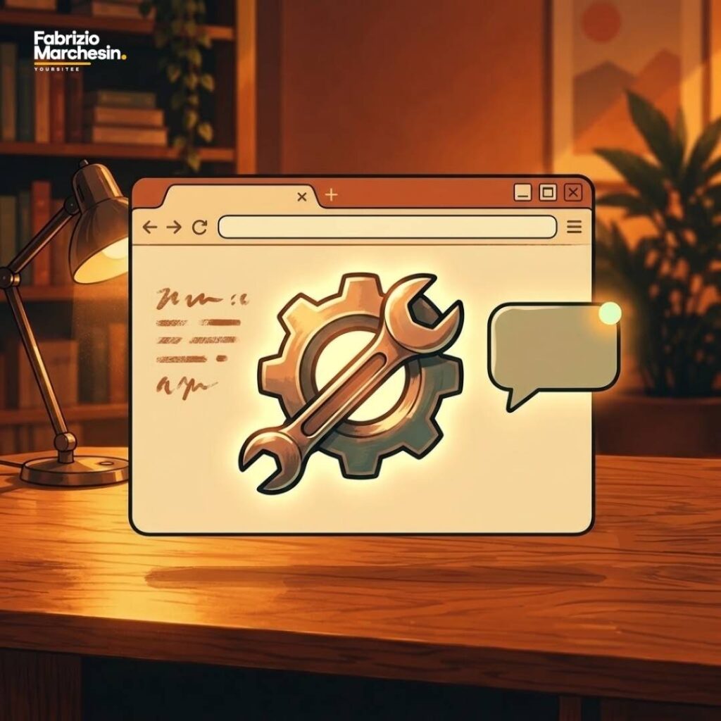 Illustrazione concettuale del servizio manutenzione e supporto, pagina Servizi Riquadro browser con chiave inglese e messaggio, illustrazione per il servizio di manutenzione sito web
