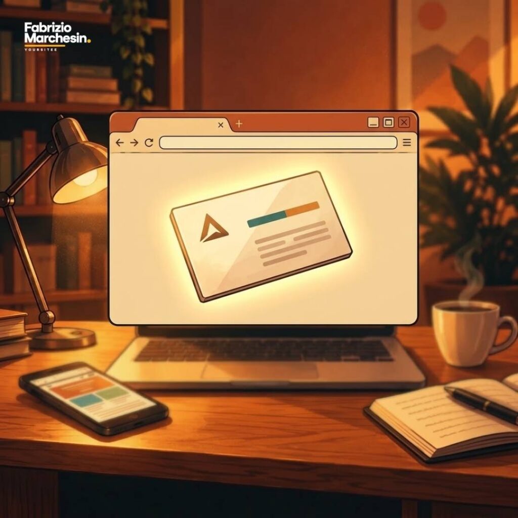 Illustrazione concettuale del servizio sito vetrina, pagina Servizi Riquadro browser con biglietto da visita digitale, illustrazione per il servizio di creazione sito vetrina