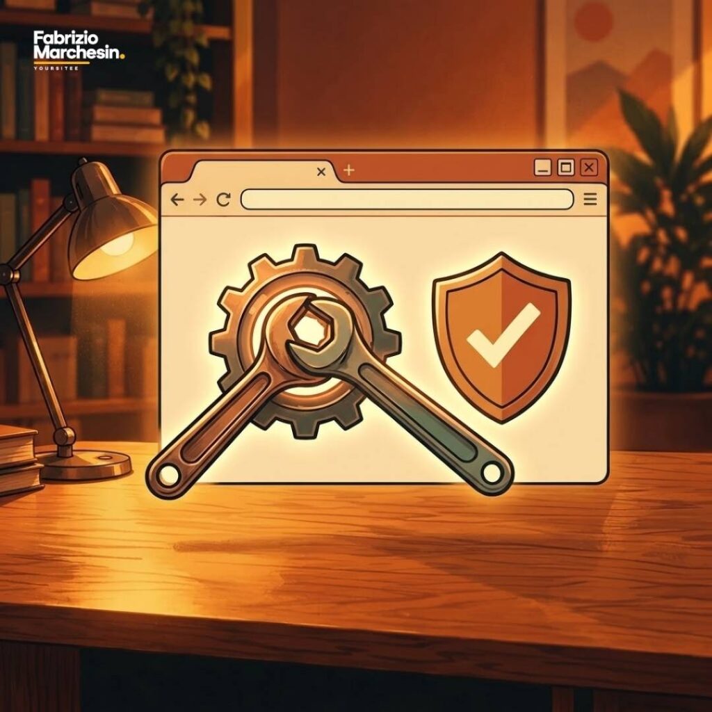 Illustrazione concettuale di manutenzione sito web (1) Finestra browser con chiave inglese, ingranaggio e scudo, illustrazione per un servizio di creazione di siti web professionali