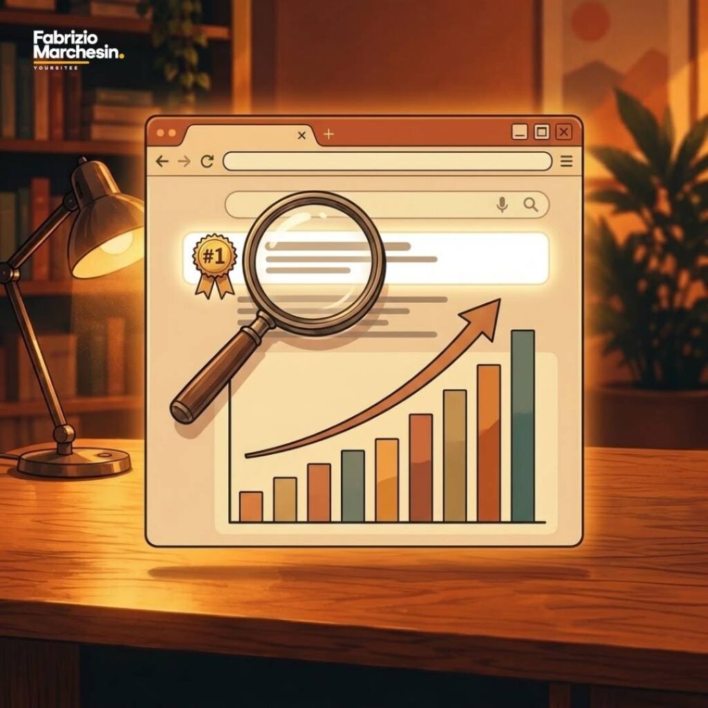 Illustrazione concettuale del servizio di ottimizzazione SEO Riquadro browser con lente, badge e grafico in crescita, illustrazione per un servizio di creazione di siti web professionali