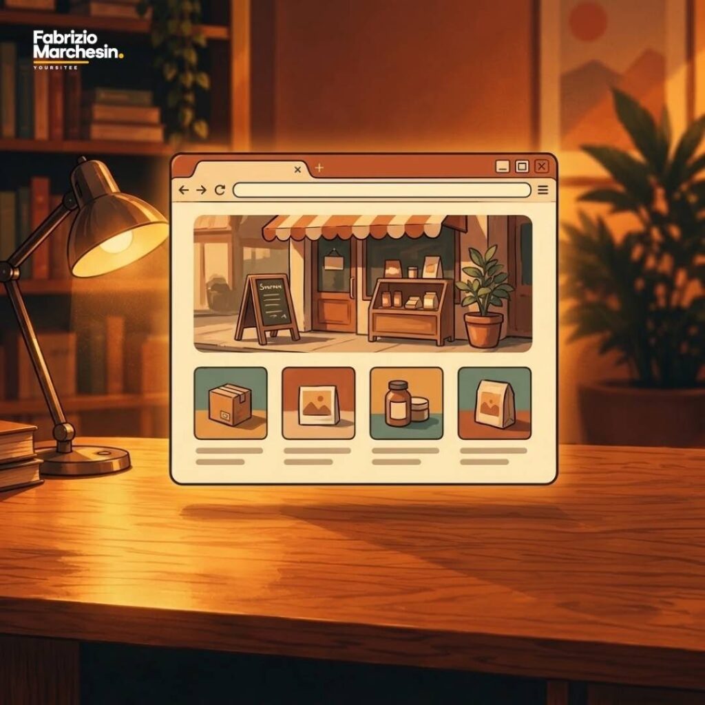 Illustrazione concettuale di sito vetrina Finestra del browser con una vetrina di prodotti online, illustrazione per un servizio di creazione di siti web professionali