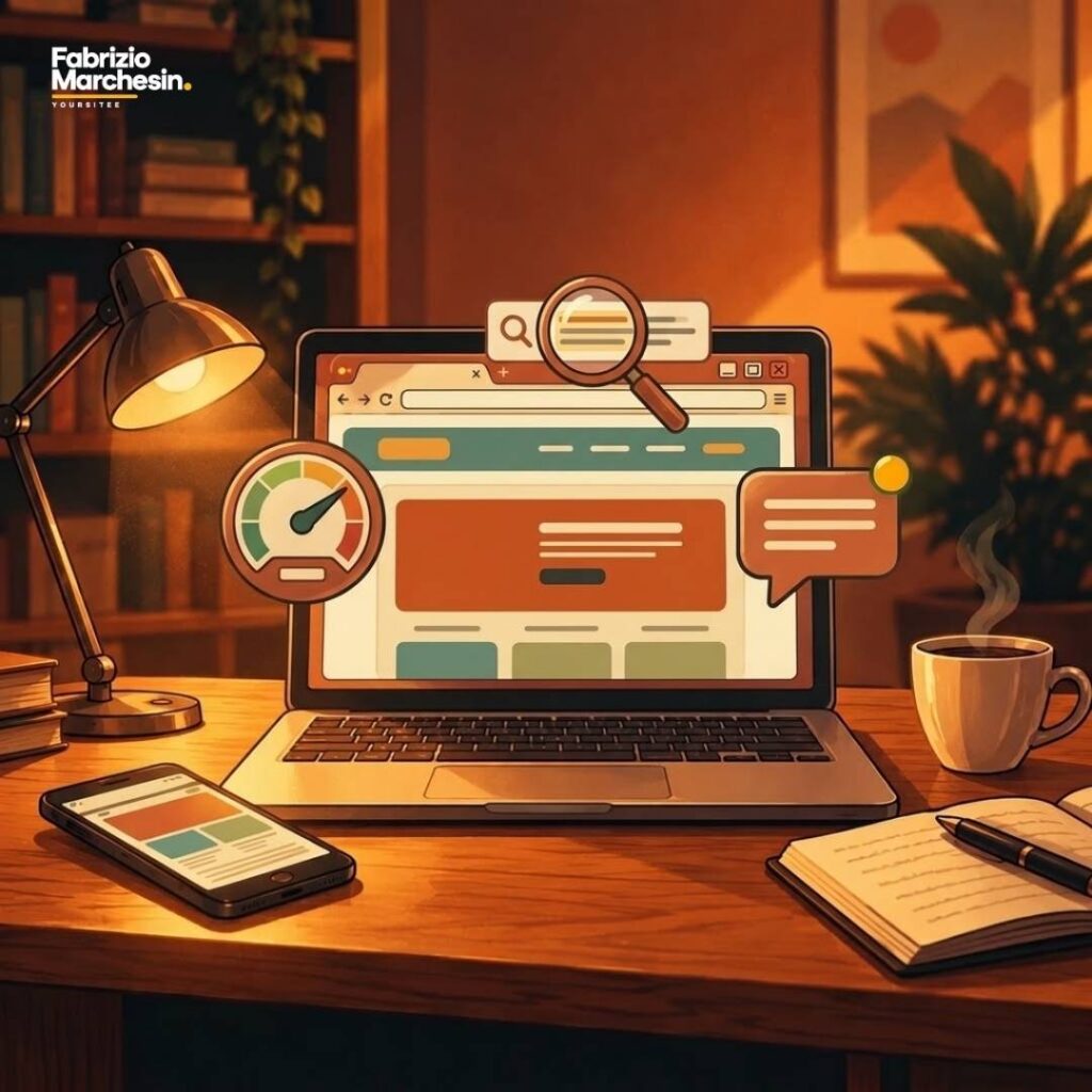 Scrivania da web designer per la creazione di siti web professionali Scrivania di un web designer con laptop e smartphone, illustrazione per un servizio di creazione di siti web professionali