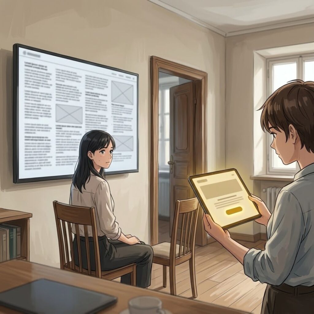 perche-pagina-servizi-non-genera-contatti Potenziale cliente incerto davanti a una pagina confusa, immagine su come scrivere la pagina servizi di un sito web
