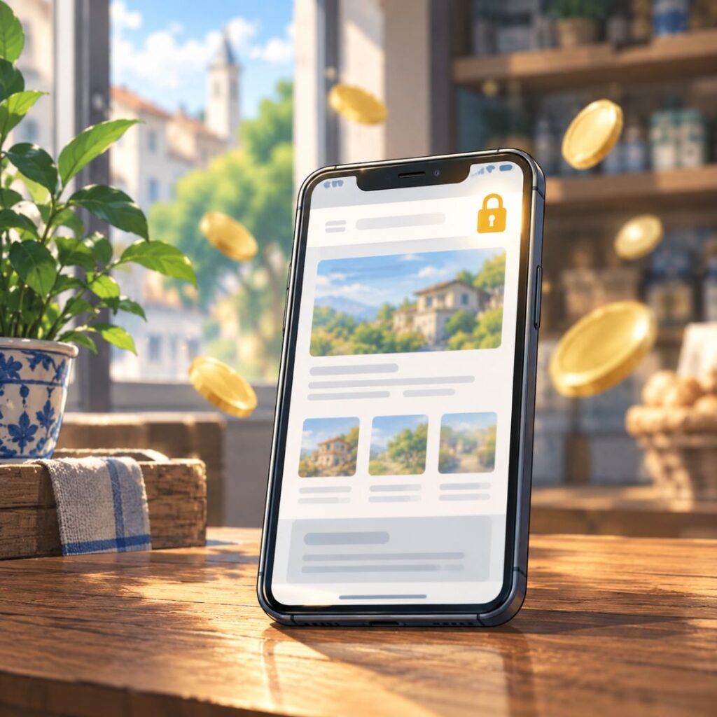 smartphone-sito-in-abbonamento Smartphone con icona di sito bloccato a simboleggiare un abbonamento mensile, immagine sulla differenza tra sito web di proprietà e sito in abbonamento