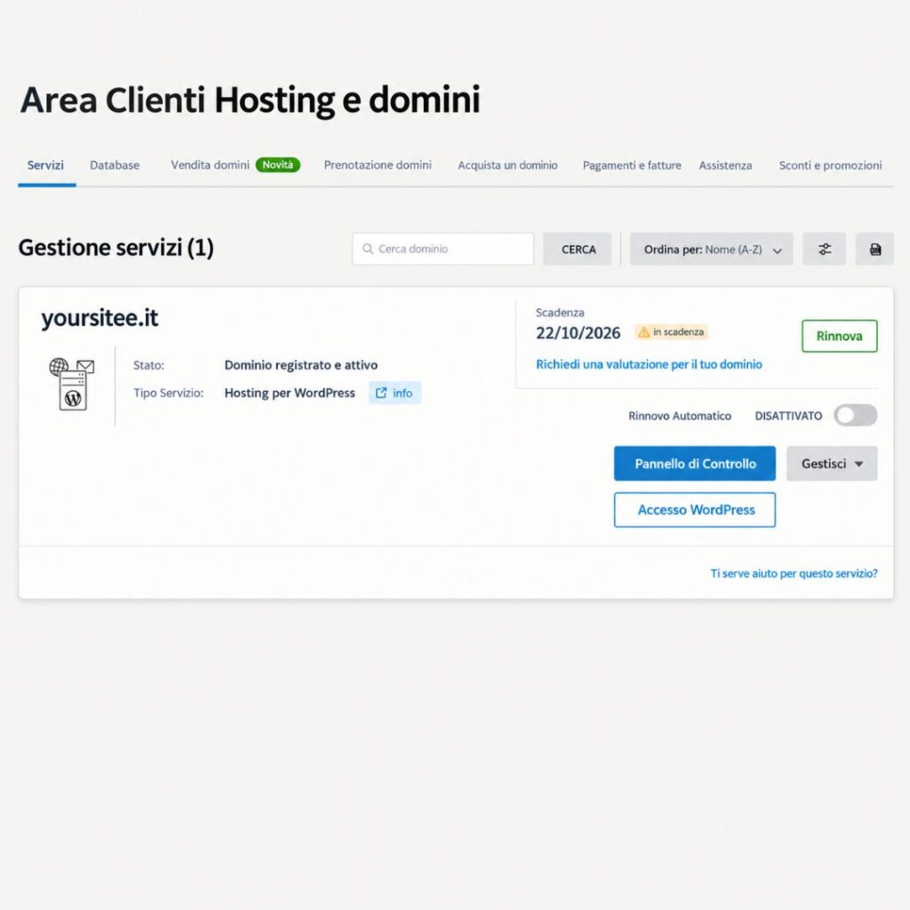 pannello-accesso-dominio-hosting Pannello di accesso a dominio e hosting a nome del titolare, esempio utile per capire la differenza tra sito web di proprietà e sito in abbonamento